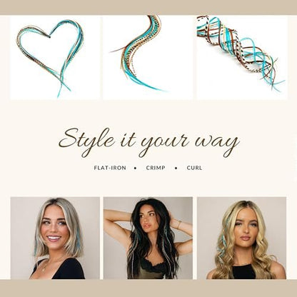 21 Natural & Turquoise Color Feather Hair Extensions – 9”–14” Long – DIY Rooster Kit with 20 Micro-Link Beads – 100% Real Feathers – Eye-Catching Boho Style Avelisse