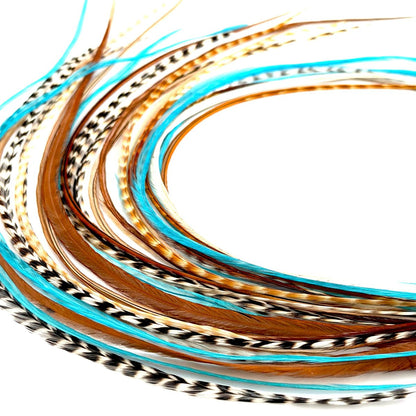 21 Natural & Turquoise Color Feather Hair Extensions – 9”–14” Long – DIY Rooster Kit with 20 Micro-Link Beads – 100% Real Feathers – Eye-Catching Boho Style Avelisse