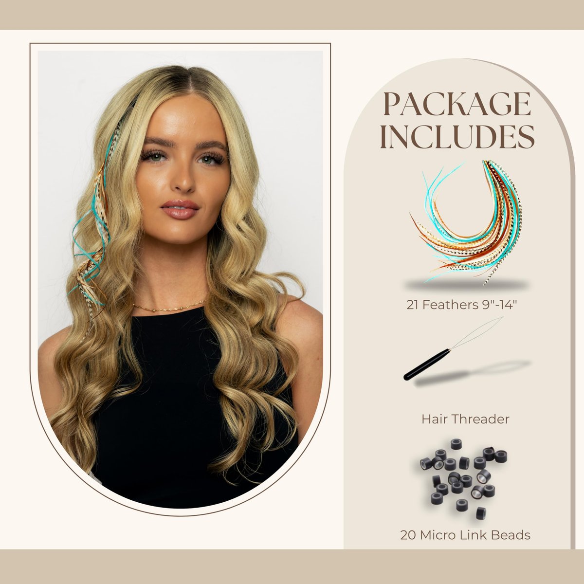 21 Natural & Turquoise Color Feather Hair Extensions – 9”–14” Long – DIY Rooster Kit with 20 Micro-Link Beads – 100% Real Feathers – Eye-Catching Boho Style Avelisse