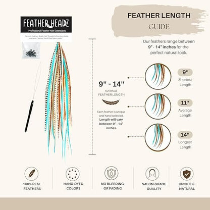 21 Natural & Turquoise Color Feather Hair Extensions – 9”–14” Long – DIY Rooster Kit with 20 Micro-Link Beads – 100% Real Feathers – Eye-Catching Boho Style Avelisse