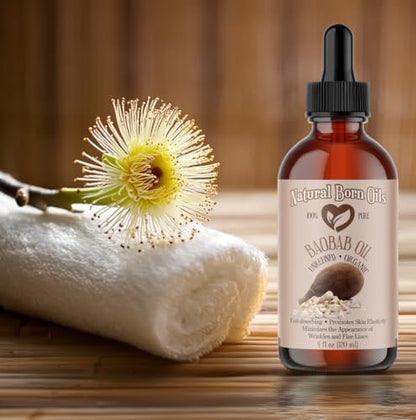 Natural Born Oils 4oz Baobab Oil – 100% Pure, Organic, Cold-Pressed, Unrefined, Non-Comedogenic Face & Body Moisturizer with Pump & Dropper