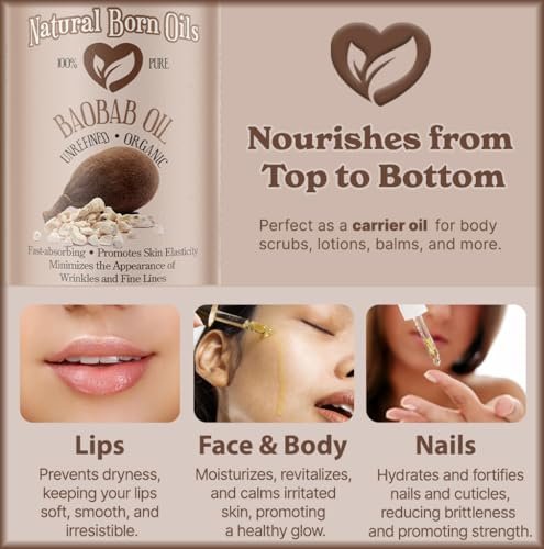 Natural Born Oils 4oz Baobab Oil – 100% Pure, Organic, Cold-Pressed, Unrefined, Non-Comedogenic Face & Body Moisturizer with Pump & Dropper - görsel 12