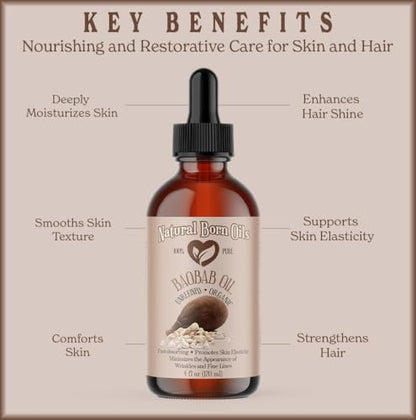 Natural Born Oils 4oz Baobab Oil – 100% Pure, Organic, Cold-Pressed, Unrefined, Non-Comedogenic Face & Body Moisturizer with Pump & Dropper