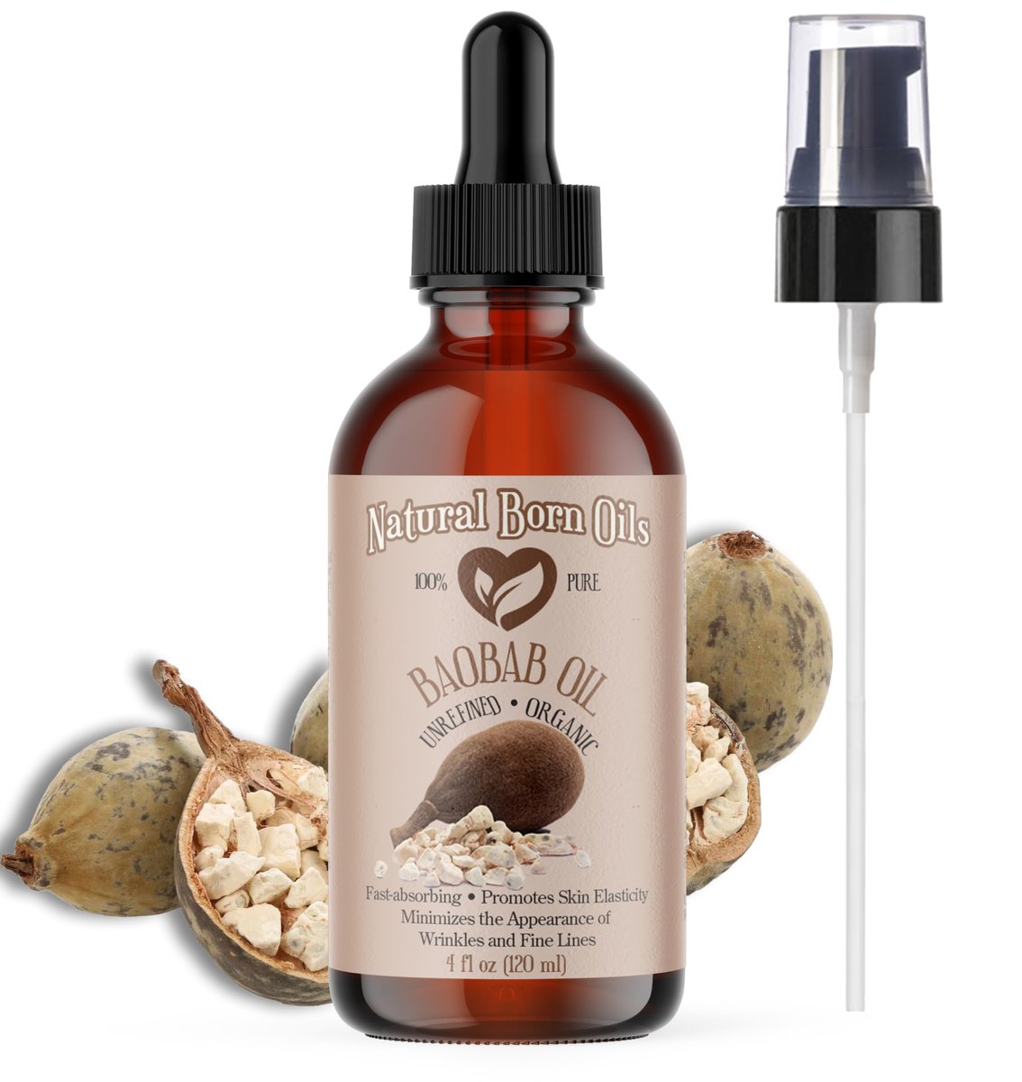 Natural Born Oils 4oz Baobab Oil – 100% Pure, Organic, Cold-Pressed, Unrefined, Non-Comedogenic Face & Body Moisturizer with Pump & Dropper - görsel 1