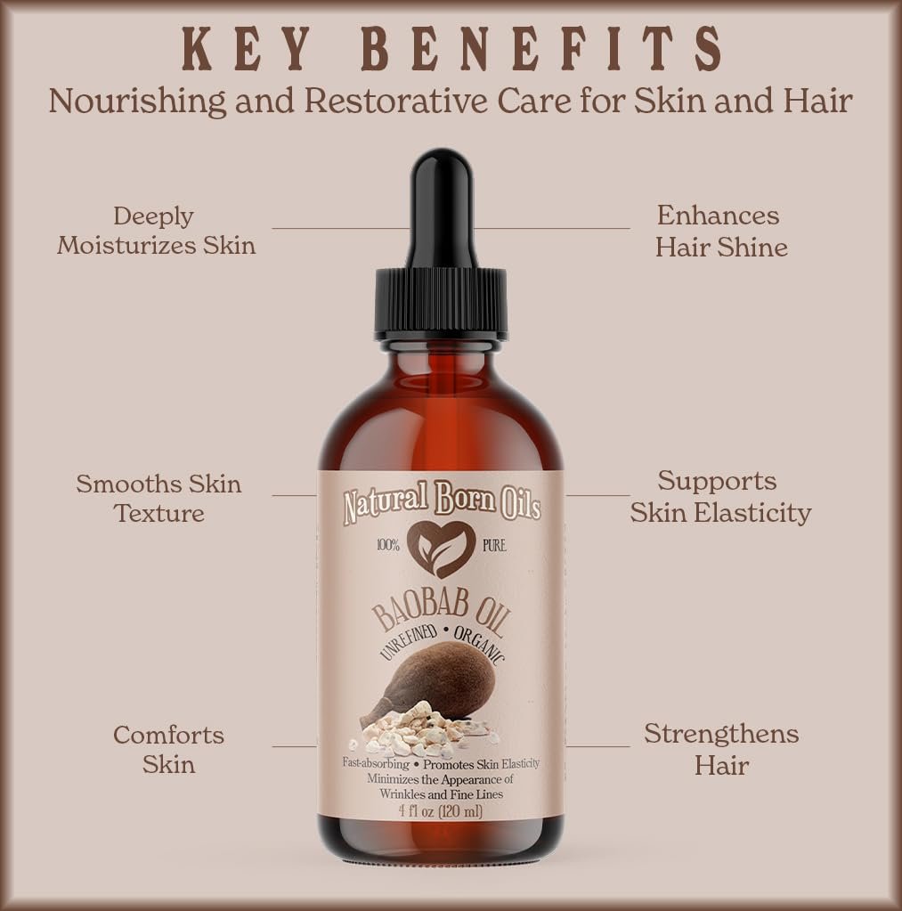 Natural Born Oils 4oz Baobab Oil – 100% Pure, Organic, Cold-Pressed, Unrefined, Non-Comedogenic Face & Body Moisturizer with Pump & Dropper - görsel 9