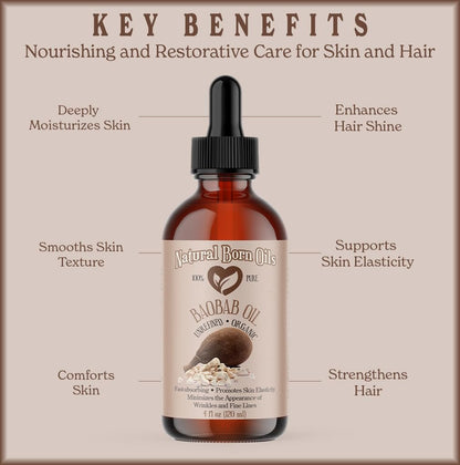 Natural Born Oils 4oz Baobab Oil – 100% Pure, Organic, Cold-Pressed, Unrefined, Non-Comedogenic Face & Body Moisturizer with Pump & Dropper