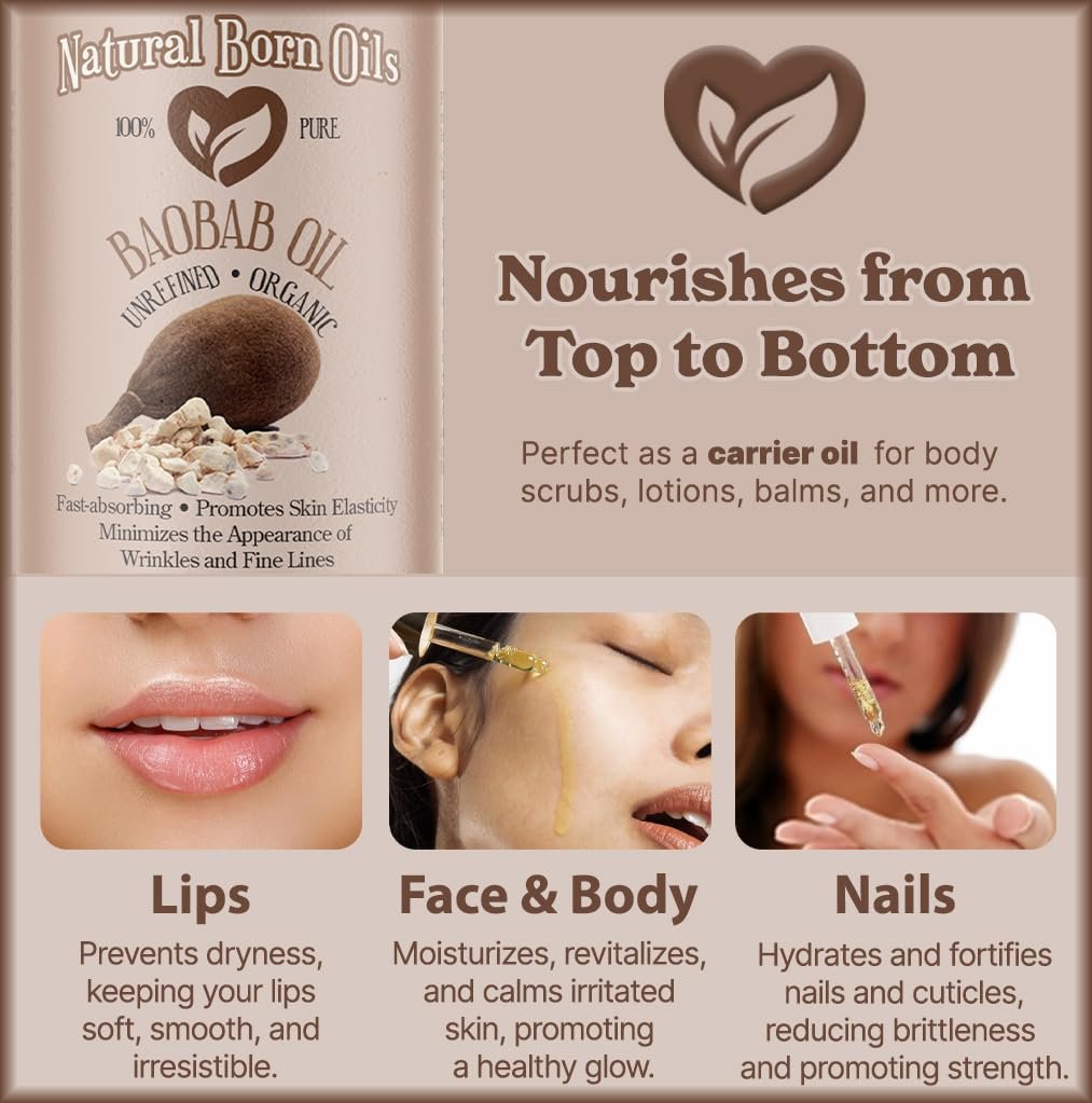 Natural Born Oils 4oz Baobab Oil – 100% Pure, Organic, Cold-Pressed, Unrefined, Non-Comedogenic Face & Body Moisturizer with Pump & Dropper - görsel 11