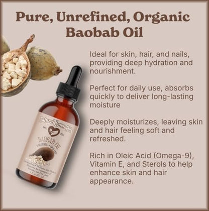 Natural Born Oils 4oz Baobab Oil – 100% Pure, Organic, Cold-Pressed, Unrefined, Non-Comedogenic Face & Body Moisturizer with Pump & Dropper