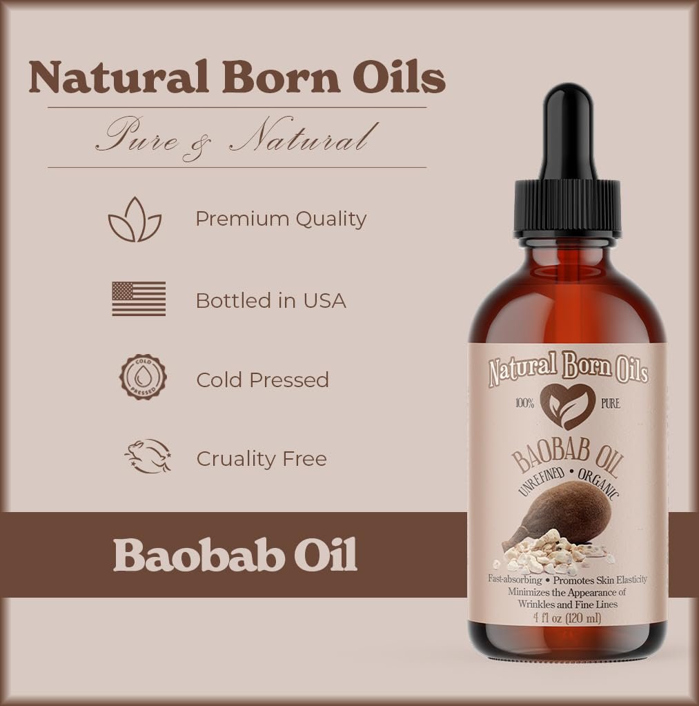 Natural Born Oils 4oz Baobab Oil – 100% Pure, Organic, Cold-Pressed, Unrefined, Non-Comedogenic Face & Body Moisturizer with Pump & Dropper - görsel 5