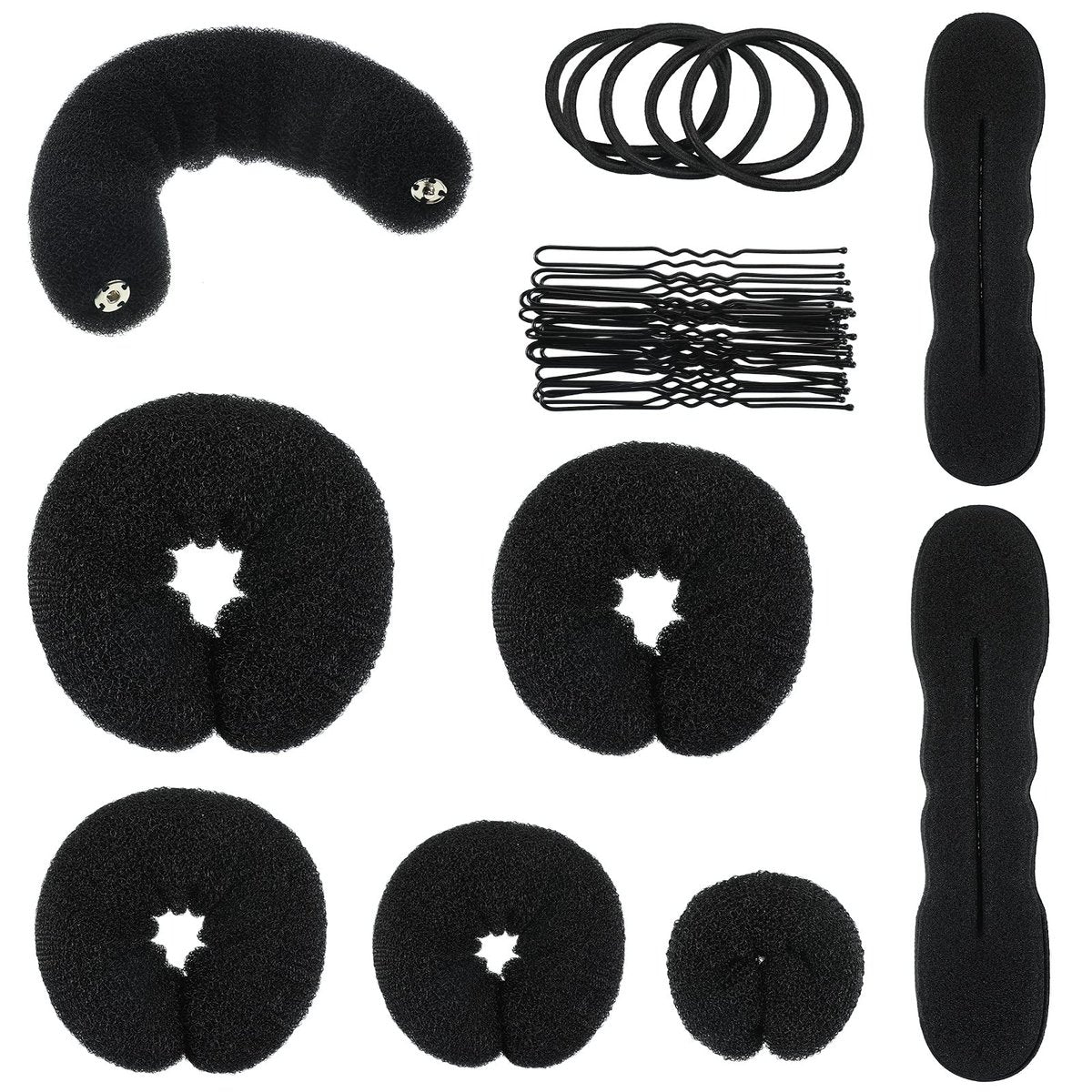 Yinder 34 Piece Donut Hair Bun Maker Set - Black Foam Bun Shapers & Hair Styling Tools Avelisse