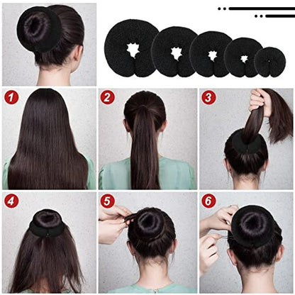 Yinder 34 Piece Donut Hair Bun Maker Set - Black Foam Bun Shapers & Hair Styling Tools Avelisse
