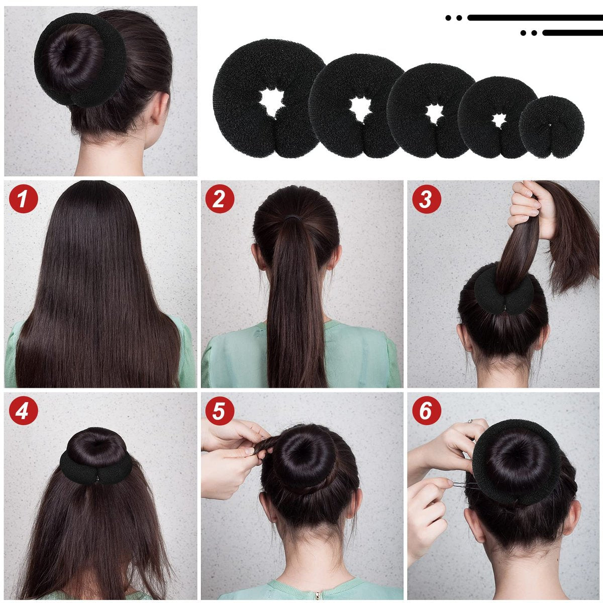 Yinder 34 Piece Donut Hair Bun Maker Set - Black Foam Bun Shapers & Hair Styling Tools Avelisse