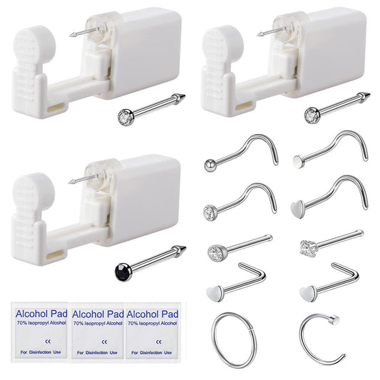 3 Pack Nose Piercing Kit with Disposable Safety Gun & 10 Nose Rings Studs - YWDKJGS