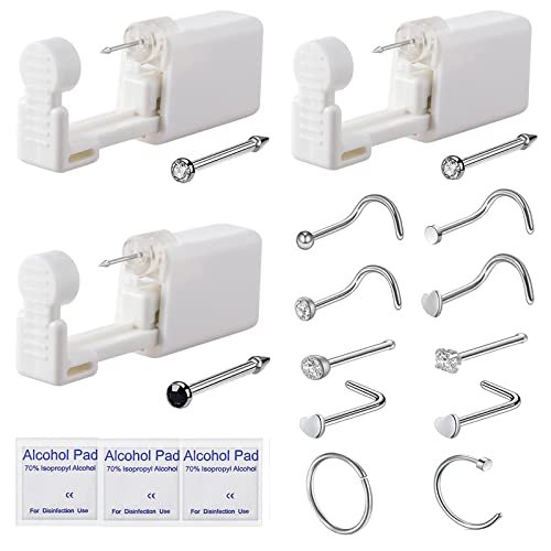 3 Pack Nose Piercing Kit with Disposable Safety Gun & 10 Nose Rings Studs - YWDKJGS - görsel 2