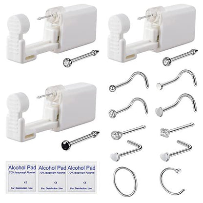 3 Pack Nose Piercing Kit with Disposable Safety Gun & 10 Nose Rings Studs - YWDKJGS