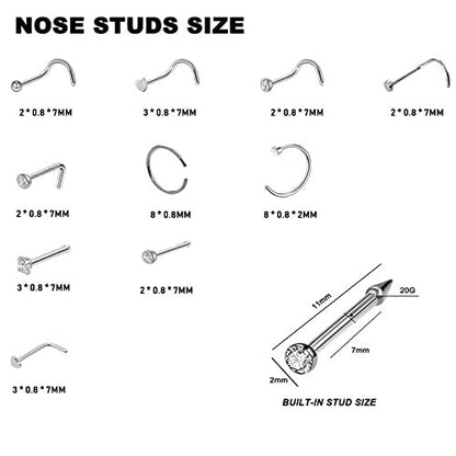 Nose Piercing Kit - 2 Pack Disposable Self Piercing Gun with 10 Nose Rings, 20G White Crystal Cubic Zirconia