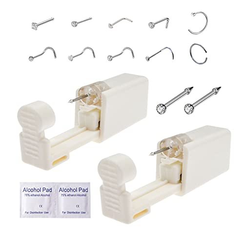 Nose Piercing Kit - 2 Pack Disposable Self Piercing Gun with 10 Nose Rings, 20G White Crystal Cubic Zirconia - görsel 1