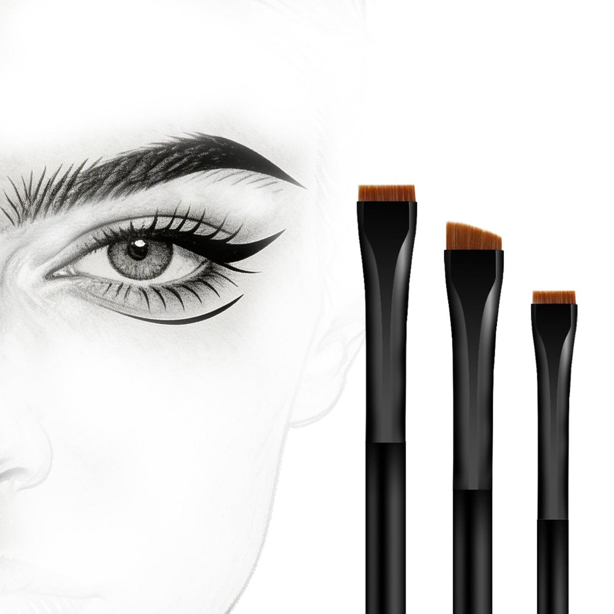 Raffaello Ultra-Thin Eyebrow Brush Set - 3Pcs Angled Precision Eyeliner & Eyebrow Makeup Brushes, Cruelty-Free Synthetic Bristles (Black) - görsel 1