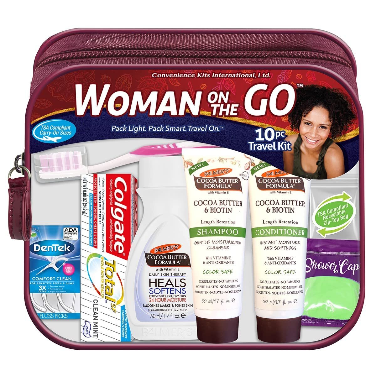 Women's Multicultural 10-Piece Grooming & Hygiene Travel Kit - Palmer's Travel-Size Hair & Body Products, Beige Avelisse
