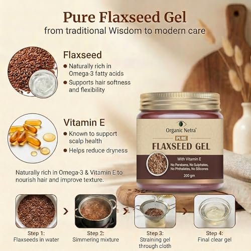 Organic Netra Pure Flaxseed Gel with Vitamin E for Hair & Skin - 7.05 oz - Strengthens & Nourishes, Reduces Fine Lines & Wrinkles, Safe for All Skin Types Avelisse