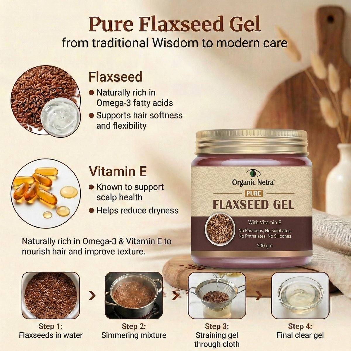 Organic Netra Pure Flaxseed Gel with Vitamin E for Hair & Skin - 7.05 oz - Strengthens & Nourishes, Reduces Fine Lines & Wrinkles, Safe for All Skin Types Avelisse
