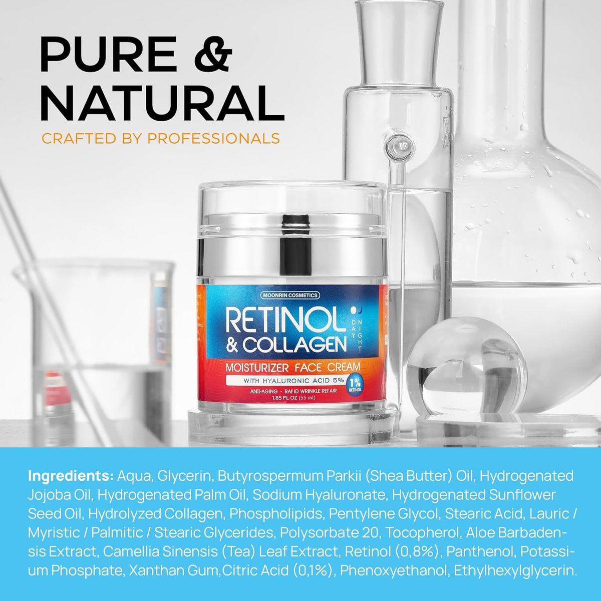 Retinol Cream for Face with Hyaluronic Acid - Anti-Aging Moisturizer for Women & Men, Reduces Wrinkles & Dryness, 1.85 oz Avelisse