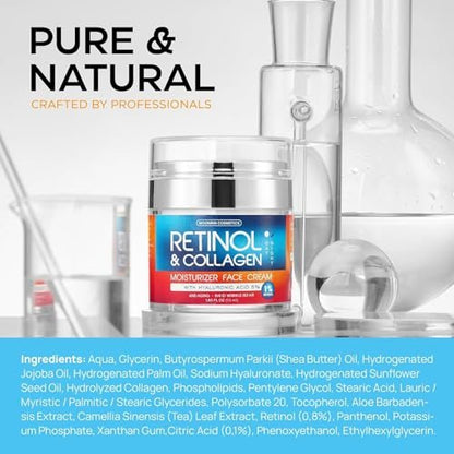 Retinol Cream for Face with Hyaluronic Acid - Anti-Aging Moisturizer for Women & Men, Reduces Wrinkles & Dryness, 1.85 oz Avelisse