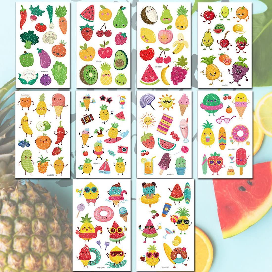 Ooopsiun Summer Glitter Fruit Temporary Tattoos for Kids - 110 Glitter Styles, Watermelon Strawberry Pineapple Tattoos, Birthday Party Favors Avelisse