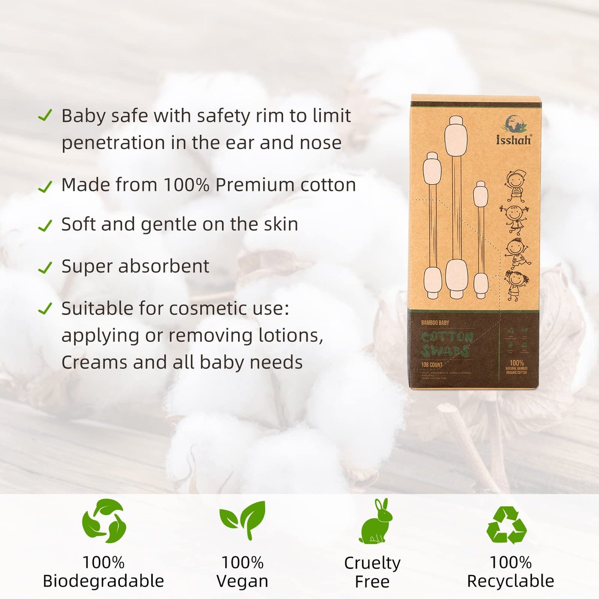 Isshah Baby Cotton Swabs – 108 Count, FSC Certified Bamboo Handle, Biodegradable & Eco Friendly Safety Cotton Buds - görsel 15