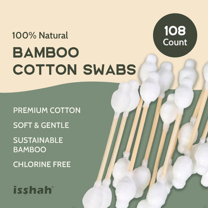 Isshah Baby Cotton Swabs – 108 Count, FSC Certified Bamboo Handle, Biodegradable & Eco Friendly Safety Cotton Buds
