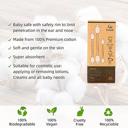 Isshah Baby Cotton Swabs – 108 Count, FSC Certified Bamboo Handle, Biodegradable & Eco Friendly Safety Cotton Buds