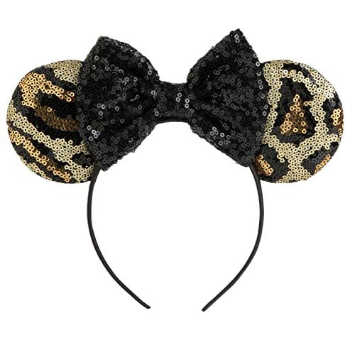CHuangQi Mouse Ears Headband with Shiny Bow - Double-Sided Sequins Glitter Hair Band for Birthday Party & Events (Leopard&Black) - görsel 2