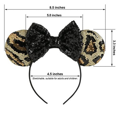 CHuangQi Mouse Ears Headband with Shiny Bow - Double-Sided Sequins Glitter Hair Band for Birthday Party & Events (Leopard&Black)