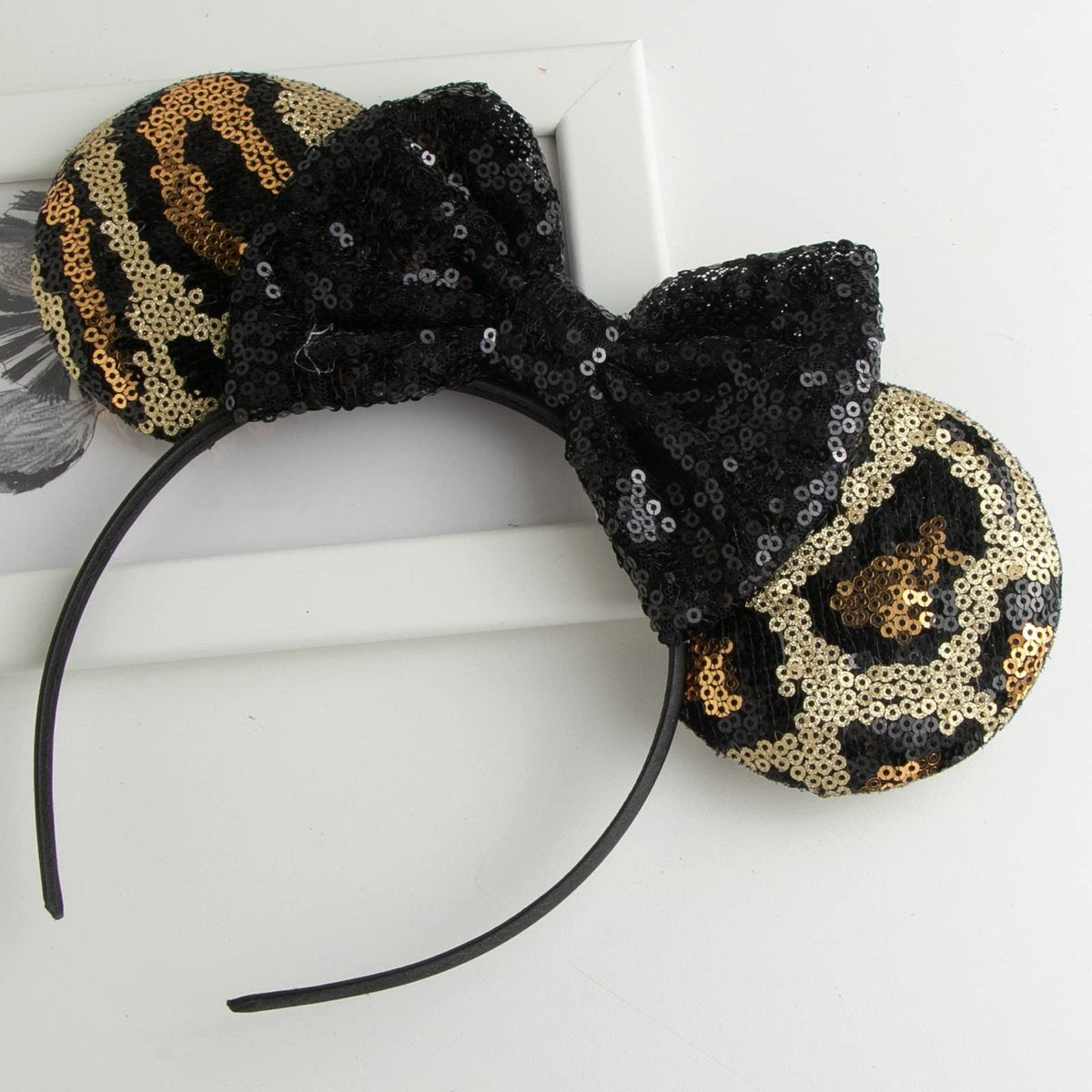 CHuangQi Mouse Ears Headband with Shiny Bow - Double-Sided Sequins Glitter Hair Band for Birthday Party & Events (Leopard&Black) - görsel 7