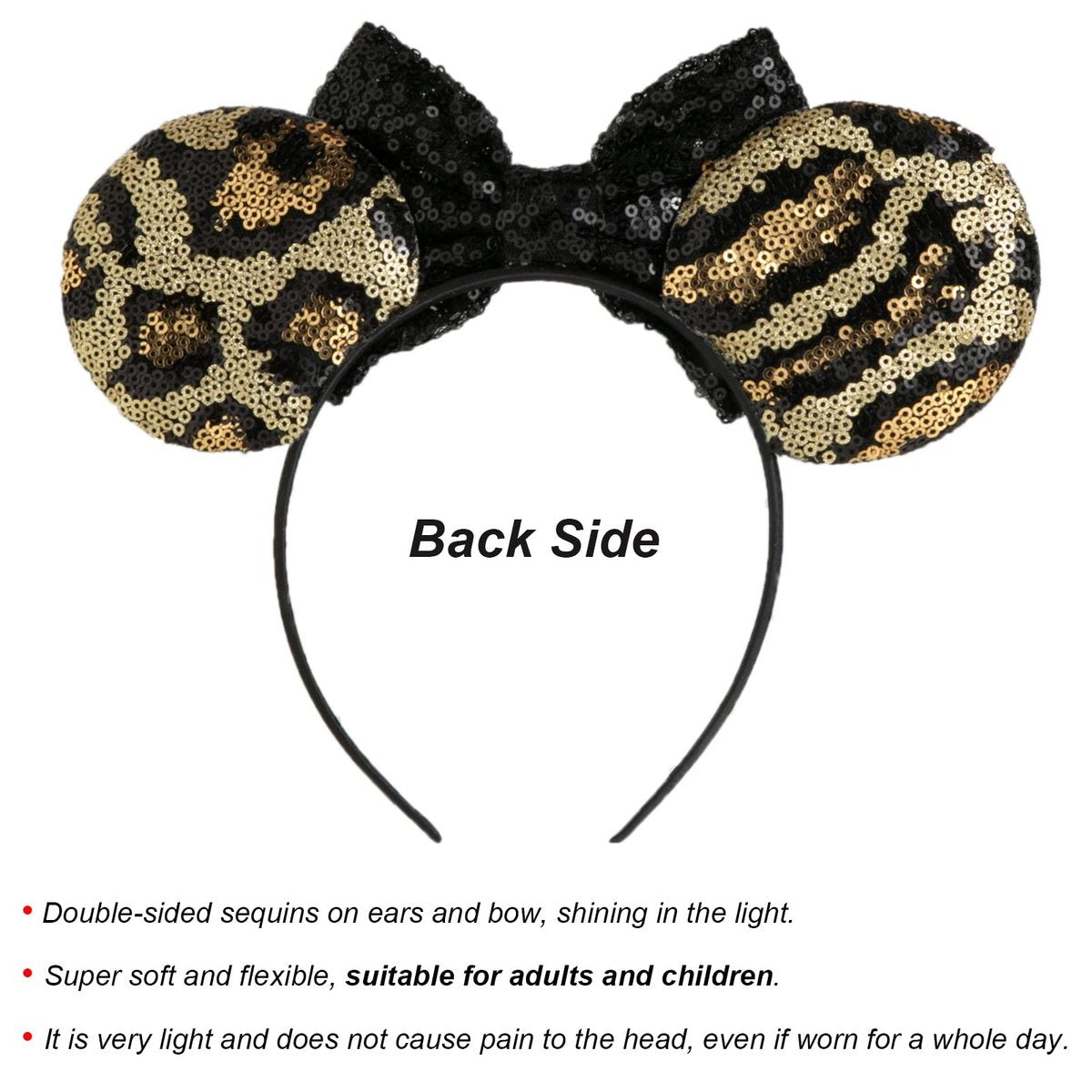 CHuangQi Mouse Ears Headband with Shiny Bow - Double-Sided Sequins Glitter Hair Band for Birthday Party & Events (Leopard&Black) - görsel 3
