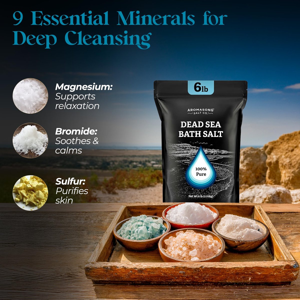 Aromasong Dead Sea Salt Bath Soak 6 Lbs. Bulk Pack – 100% Natural Dead Sea Salts for Soaking, Relaxation, and Detoxification of Skin Avelisse