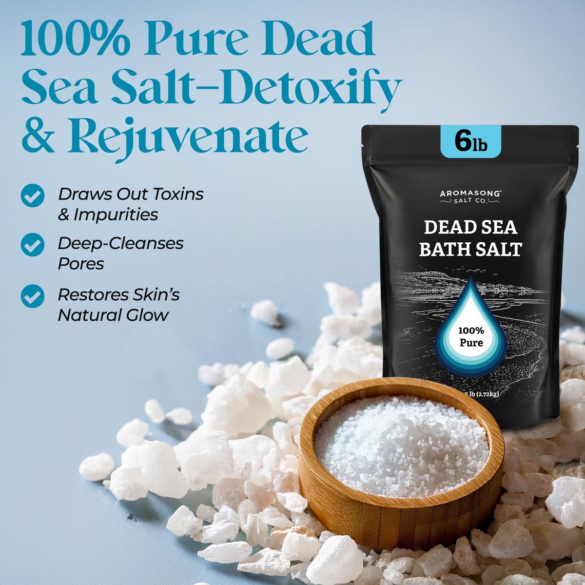 Aromasong Dead Sea Salt Bath Soak 6 Lbs. Bulk Pack – 100% Natural Dead Sea Salts for Soaking, Relaxation, and Detoxification of Skin Avelisse