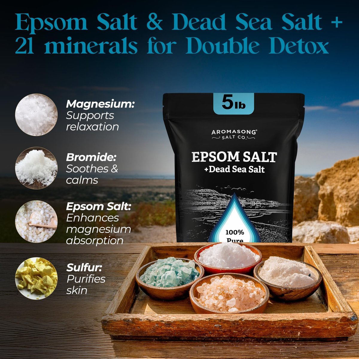 Aromasong Epsom Salt with Dead Sea Salt for Soaking - Bulk 5 Lb - 100% Pure Bath Salt, Foot & Muscle Soak Avelisse