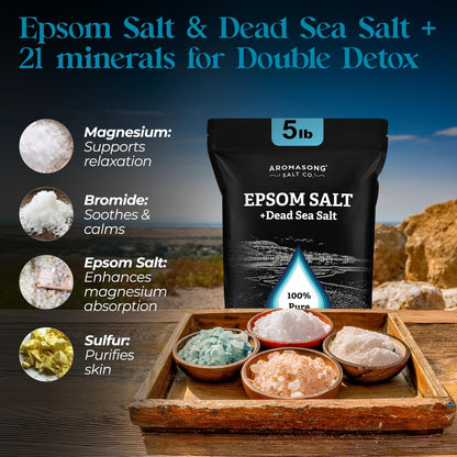 Aromasong Epsom Salt with Dead Sea Salt for Soaking - Bulk 5 Lb - 100% Pure Bath Salt, Foot & Muscle Soak Avelisse