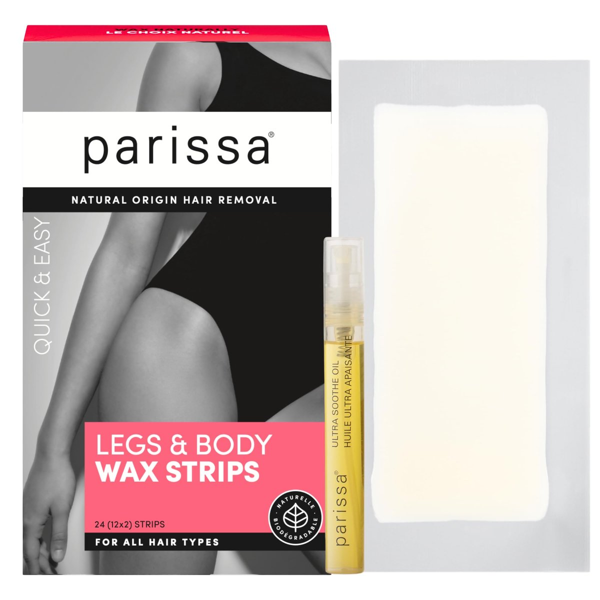 Parissa Legs & Body Biodegradable Wax Strips Kit - 24 Ready-to-Use Large Wax Strips for At-Home Hair Removal, Suitable for All Hair Types, Includes Post-Wax Ultra Soothe Oil Avelisse