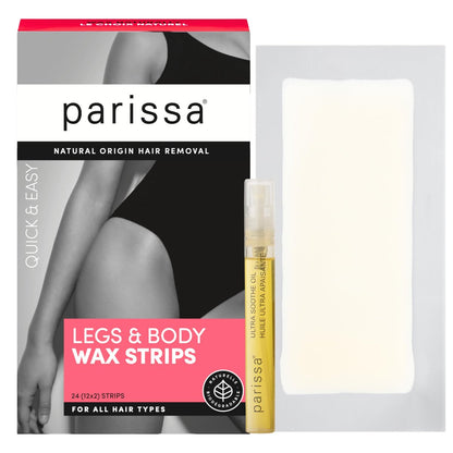 Parissa Legs & Body Biodegradable Wax Strips Kit - 24 Ready-to-Use Large Wax Strips for At-Home Hair Removal, Suitable for All Hair Types, Includes Post-Wax Ultra Soothe Oil Avelisse