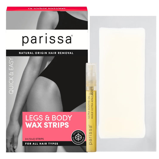 Parissa Legs & Body Biodegradable Wax Strips Kit - 24 Ready-to-Use Large Wax Strips for At-Home Hair Removal, Suitable for All Hair Types, Includes Post-Wax Ultra Soothe Oil Avelisse