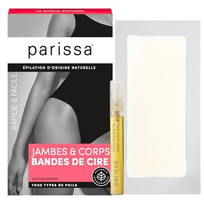 Parissa Legs & Body Biodegradable Wax Strips Kit - 24 Ready-to-Use Large Wax Strips for At-Home Hair Removal, Suitable for All Hair Types, Includes Post-Wax Ultra Soothe Oil Avelisse