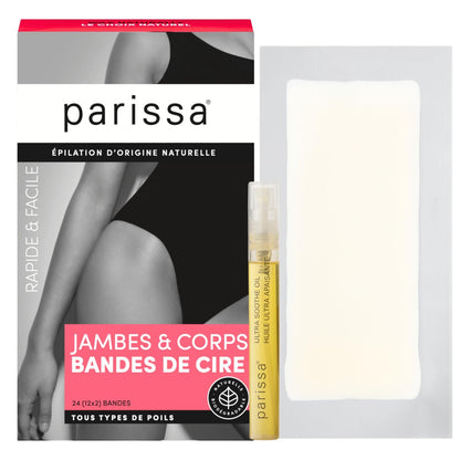 Parissa Legs & Body Biodegradable Wax Strips Kit - 24 Ready-to-Use Large Wax Strips for At-Home Hair Removal, Suitable for All Hair Types, Includes Post-Wax Ultra Soothe Oil Avelisse