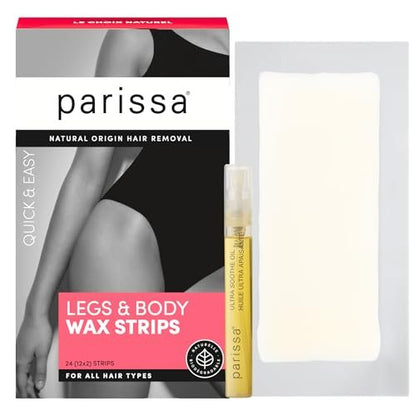 Parissa Legs & Body Biodegradable Wax Strips Kit - 24 Ready-to-Use Large Wax Strips for At-Home Hair Removal, Suitable for All Hair Types, Includes Post-Wax Ultra Soothe Oil Avelisse