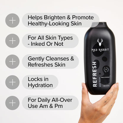 Mad Rabbit Refresh Body Wash - Tattoo Aftercare, Gentle Cleansing & Hydrating Formula for All Skin Types, Anti-Aging, 16 oz Avelisse