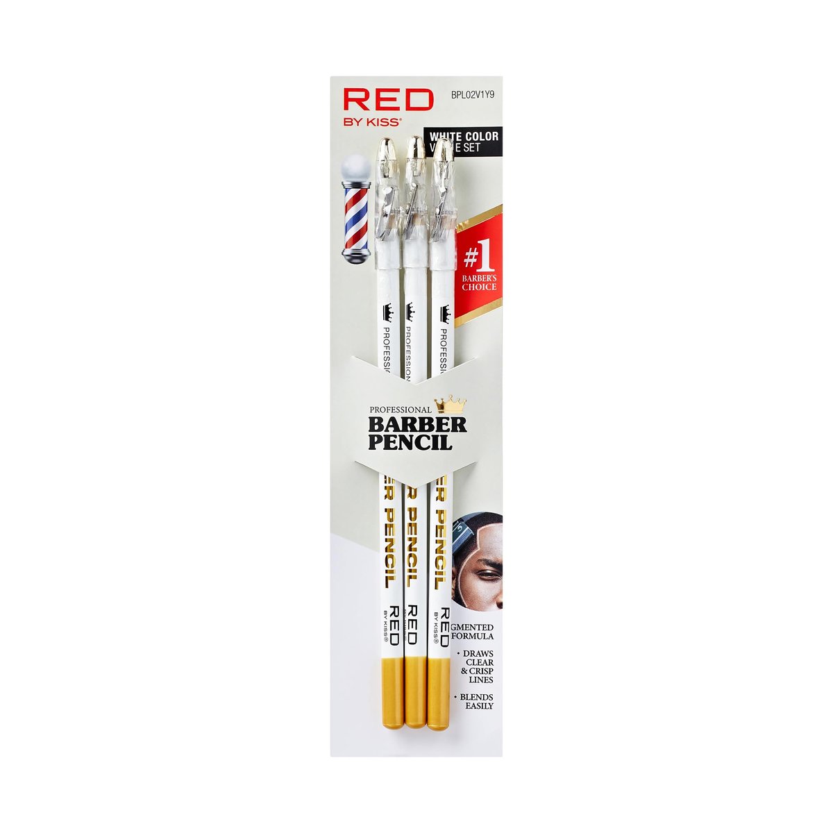 Red by Kiss 3-Piece Barber Pencil with Built-in Sharpener - White | Beard & Hairline Outliner Pencils for Men - görsel 1