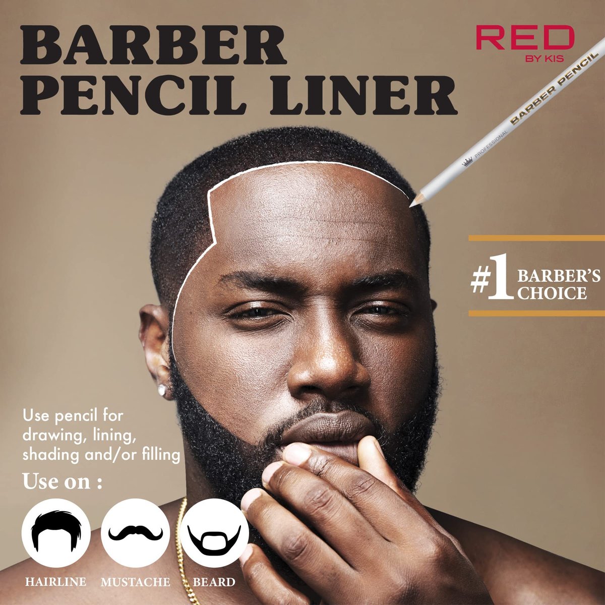 Red by Kiss 3-Piece Barber Pencil with Built-in Sharpener - White | Beard & Hairline Outliner Pencils for Men - görsel 7