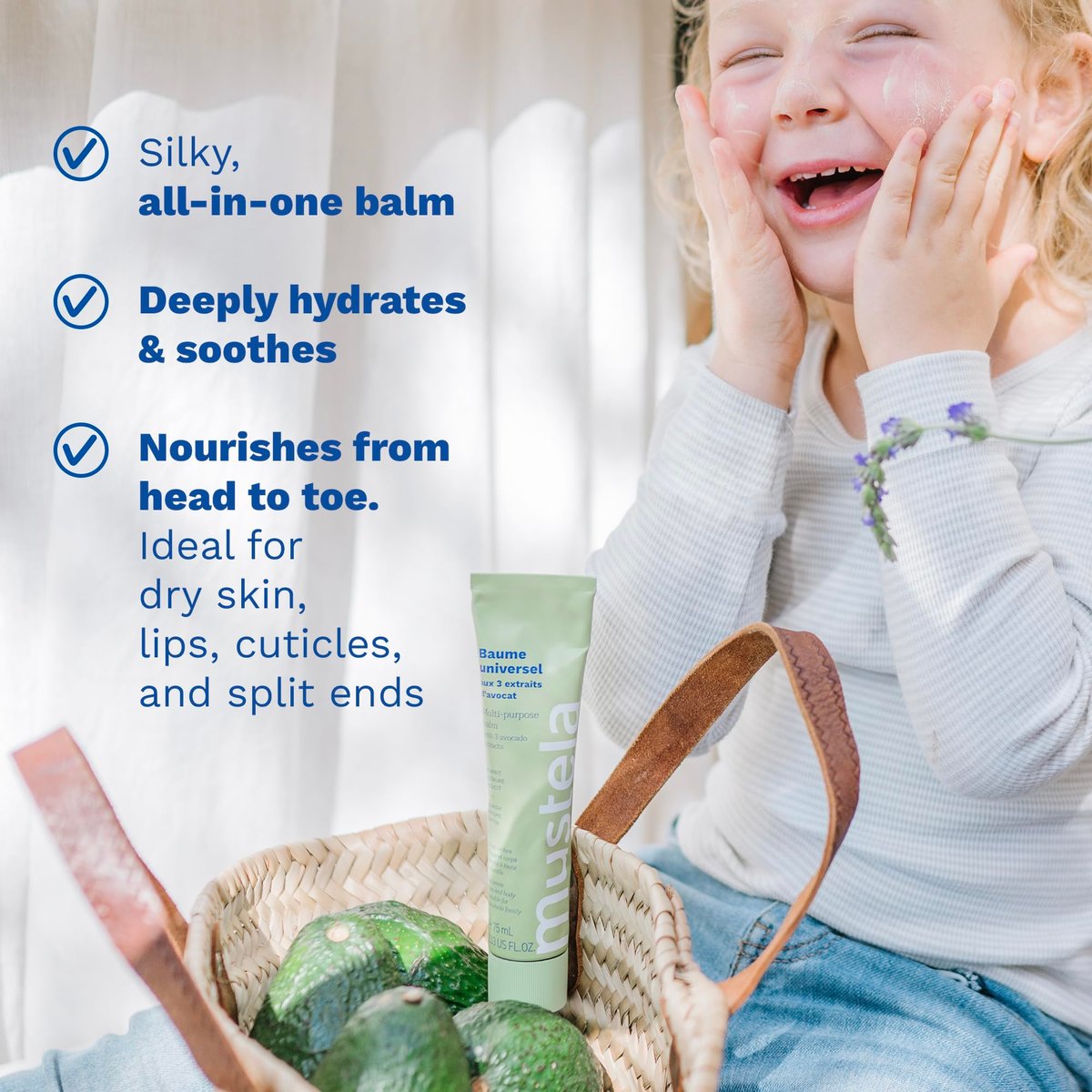 Mustela Multi-purpose Balm with 3 Avocado Extracts - Natural Cream Moisturizer for Face, Lip, Hand, Body & Dry Areas - For Baby, Kid & Adult - EWG Verified, Fragrance-Free & Vegan - 2.53 fl. oz. Avelisse
