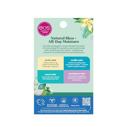 eos Natural Shea Minty Lip Balm Variety Pack - Arctic Mint, Vanilla Mint, Sweet Mint & Eucalyptus Mint, All-Day Moisture, 0.14 oz, 4-Pack